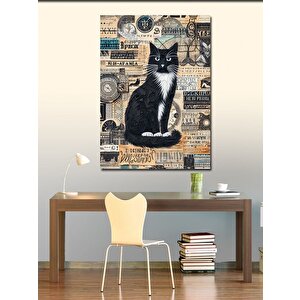 Kanvas Tablo Siyah Kedi Ve Vintage Para Deseni 100x140 cm