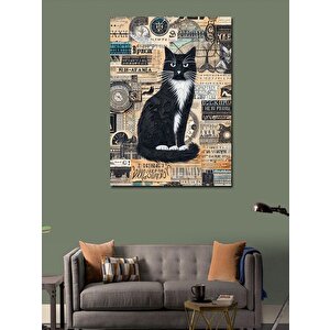 Kanvas Tablo Siyah Kedi Ve Vintage Para Deseni 100x140 cm