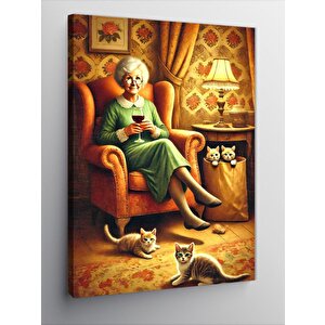 Kanvas Tablo Yaşlı Kadın Ve Kedileri 70x100 cm