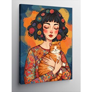 Kanvas Tablo Kediyle Sarılan Kadın Ve Huzur 50x70 cm