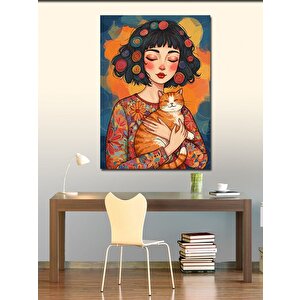 Kanvas Tablo Kediyle Sarılan Kadın Ve Huzur 50x70 cm