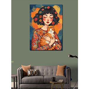 Kanvas Tablo Kediyle Sarılan Kadın Ve Huzur 50x70 cm