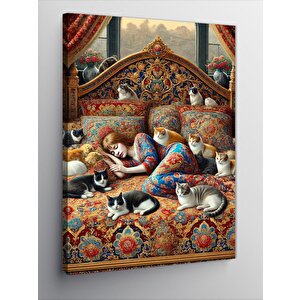 Kanvas Tablo Desenli Yatak Üzerinde Kediler 100x140 cm
