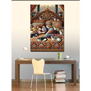 Kanvas Tablo Desenli Yatak Üzerinde Kediler 100x140 cm
