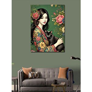 Kanvas Tablo Kediyle Japon Kadın 100x140 cm