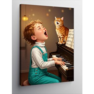Kanvas Tablo Piyano Çalan Çocuk Ve Kedi 70x100 cm