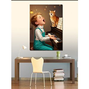 Kanvas Tablo Piyano Çalan Çocuk Ve Kedi 70x100 cm