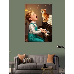 Kanvas Tablo Piyano Çalan Çocuk Ve Kedi 70x100 cm
