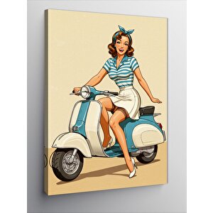 Kanvas Tablo Retro Scooter Ve Pin-up Kız 100x140 cm