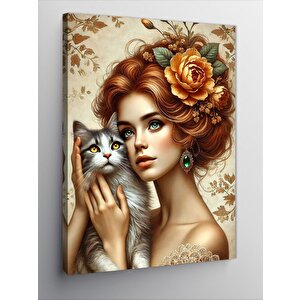 Kanvas Tablo Kadın Ve Sevimli Kedi 100x140 cm