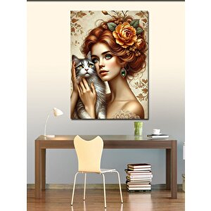 Kanvas Tablo Kadın Ve Sevimli Kedi 100x140 cm