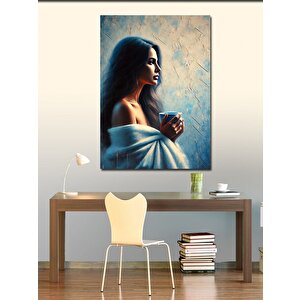 Kanvas Tablo Kahve İçen Mavi Fonlu Kadın 50x70 cm