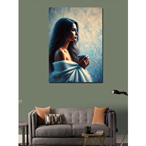 Kanvas Tablo Kahve İçen Mavi Fonlu Kadın 70x100 cm