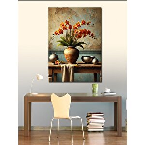 Kanvas Tablo Ahşap Masada Çiçekler 70x100 cm