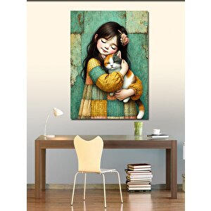 Kanvas Tablo Kedi Ve Sevgiyle Sarılan Çocuk 50x70 cm