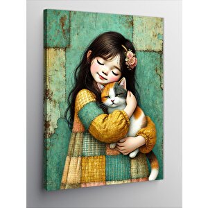 Kanvas Tablo Kedi Ve Sevgiyle Sarılan Çocuk 70x100 cm