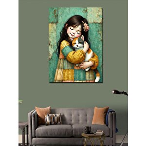 Kanvas Tablo Kedi Ve Sevgiyle Sarılan Çocuk 70x100 cm