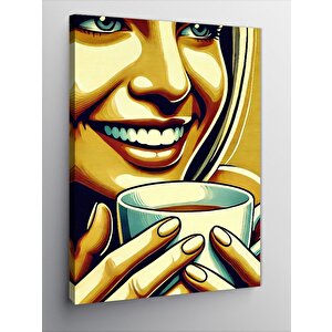 Kanvas Tablo Sıcak Kahve İle Gülümseyen Kadın 70x100 cm