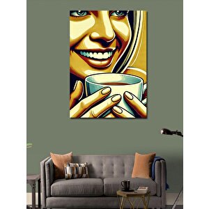 Kanvas Tablo Sıcak Kahve İle Gülümseyen Kadın 70x100 cm