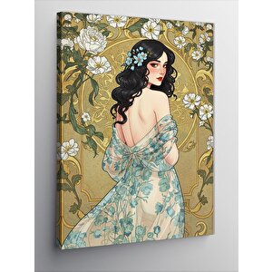 Kanvas Tablo Zarif Kadın Ve Çiçekli Arka Plan 100x140 cm
