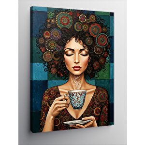 Kanvas Tablo Kahve İçen Afro Kadın 100x140 cm