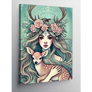 Kanvas Tablo Geyik Ve Çiçeklerle Kadın 50x70 cm