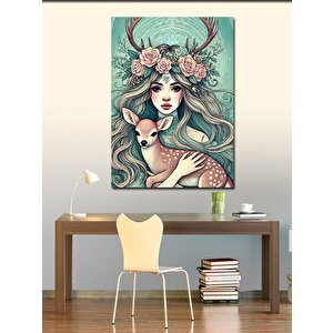 Kanvas Tablo Geyik Ve Çiçeklerle Kadın 50x70 cm