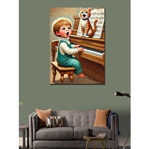 Kanvas Tablo Piyanist Çocuk Ve Kedi 70x100 cm