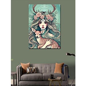 Kanvas Tablo Geyik Ve Çiçeklerle Kadın 100x140 cm