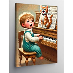 Kanvas Tablo Piyanist Çocuk Ve Kedi 50x70 cm