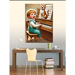Kanvas Tablo Piyanist Çocuk Ve Kedi 50x70 cm