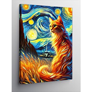 Kanvas Tablo Van Gogh Tarzı Renkli Kedi 50x70 cm