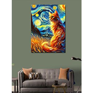 Kanvas Tablo Van Gogh Tarzı Renkli Kedi 50x70 cm