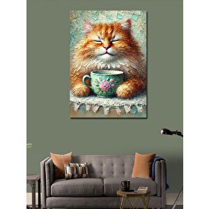 Kanvas Tablo Çiçek Desenli Çay Fincanında Kedi 70x100 cm