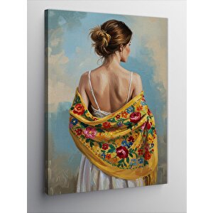 Kanvas Tablo Şal Giyen Kadın Ve Çiçekler 50x70 cm