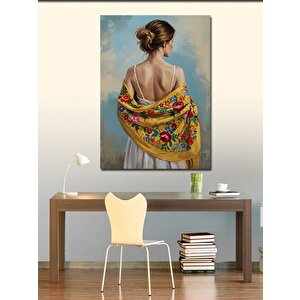 Kanvas Tablo Şal Giyen Kadın Ve Çiçekler 50x70 cm