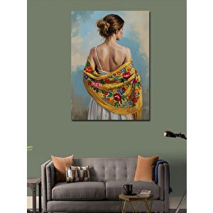 Kanvas Tablo Şal Giyen Kadın Ve Çiçekler 50x70 cm
