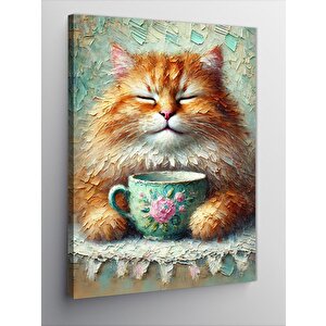 Kanvas Tablo Çiçek Desenli Çay Fincanında Kedi 50x70 cm