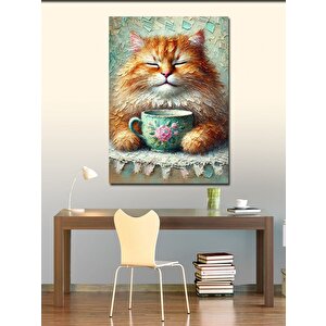 Kanvas Tablo Çiçek Desenli Çay Fincanında Kedi 100x140 cm