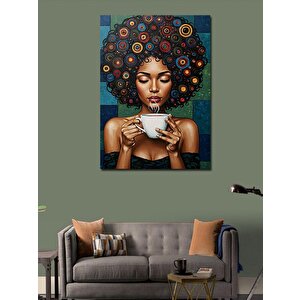 Kanvas Tablo Kahve İçen Afro Kadın 70x100 cm
