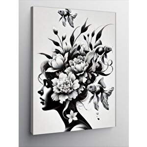 Kanvas Tablo Siyah Beyaz Çiçekli Kadın Silüeti 70x100 cm