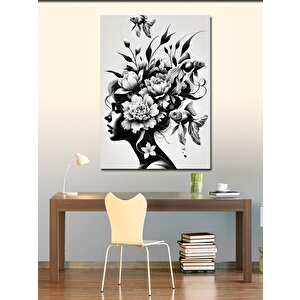 Kanvas Tablo Siyah Beyaz Çiçekli Kadın Silüeti 70x100 cm