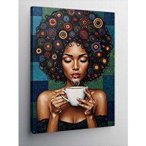 Kanvas Tablo Kahve İçen Afro Kadın 100x140 cm
