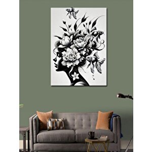 Kanvas Tablo Siyah Beyaz Çiçekli Kadın Silüeti 100x140 cm