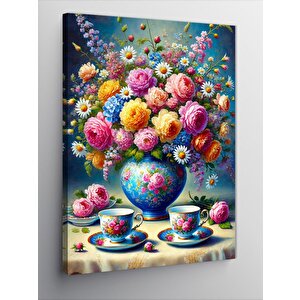 Kanvas Tablo Çiçek Desenli Çay Seti 100x140 cm