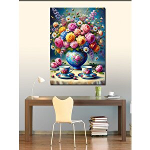 Kanvas Tablo Çiçek Desenli Çay Seti 100x140 cm