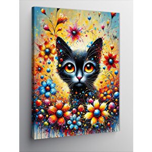 Kanvas Tablo Çiçekli Kedi Ve Pastel Tonlar 100x140 cm