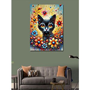 Kanvas Tablo Çiçekli Kedi Ve Pastel Tonlar 100x140 cm