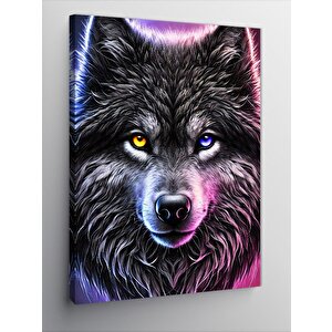 Kanvas Tablo Mor Ve Mavi Gözlü Kurt Portresi 100x140 cm
