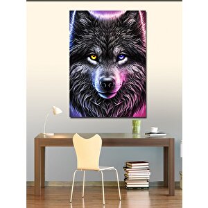 Kanvas Tablo Mor Ve Mavi Gözlü Kurt Portresi 70x100 cm